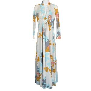 Vintage 70's Leslie J Mod Floral Print Maxi Long Gown Resortwear Union Label M